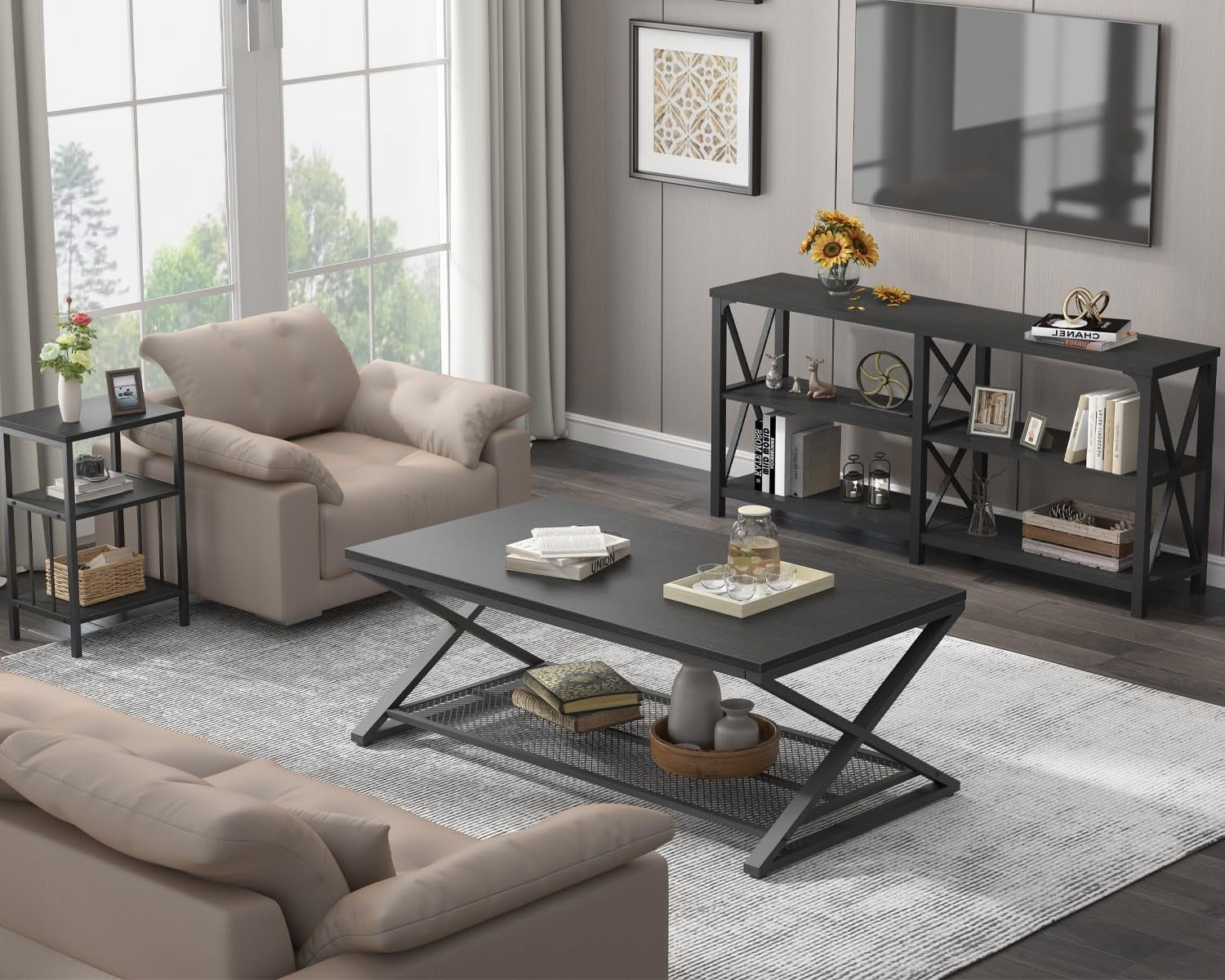 Modern Black Oak Coffee Table with Shelf – Industrial 2 Tier Rectangular Center