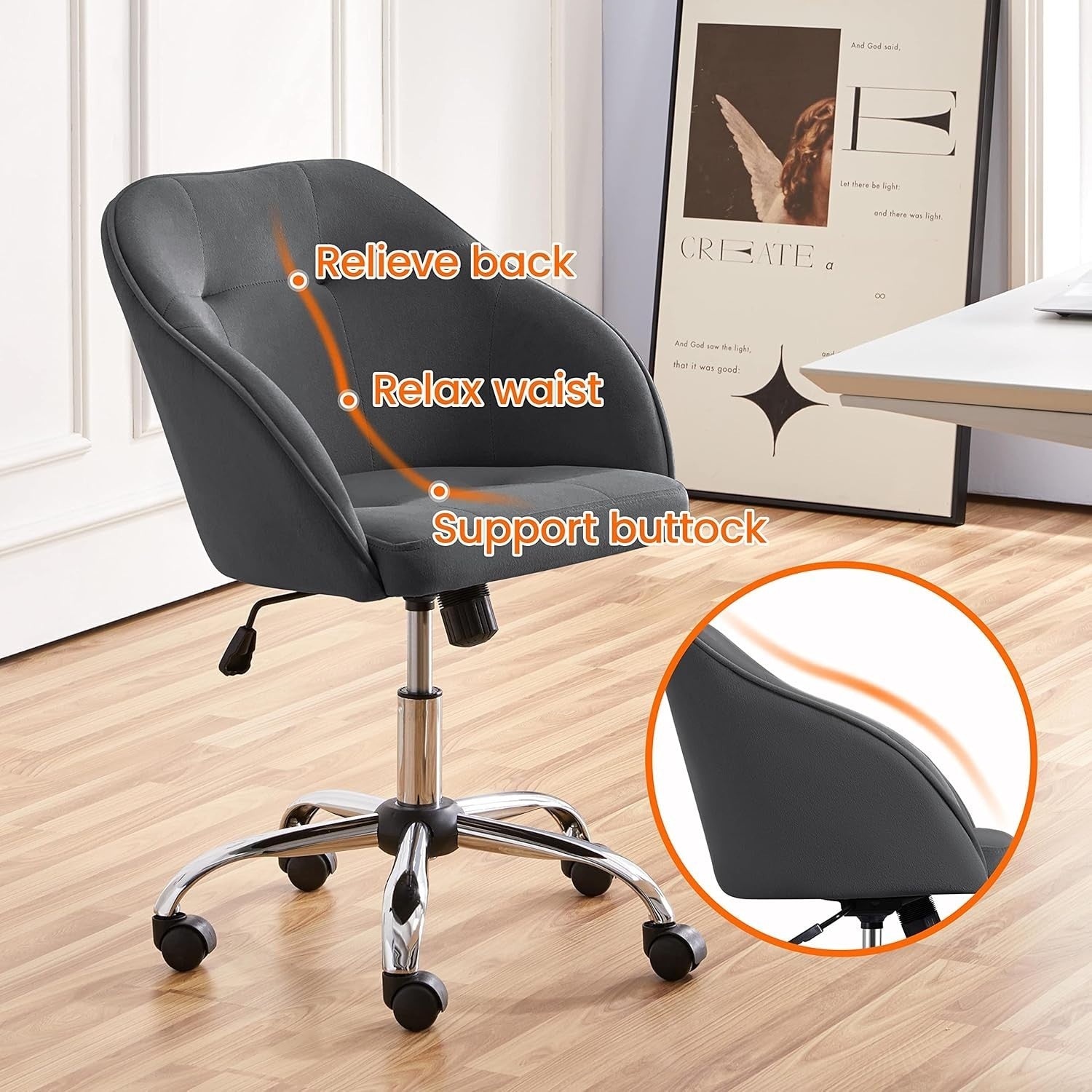 Ergonomic Grey Velvet Office Desk Chair Swivel Adjustable Height Home Armchair