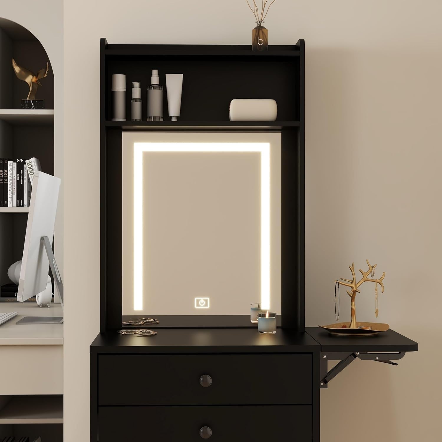 Modern Vanity Makeup Dressing Table w/ LED Mirror Storage Expandable Black