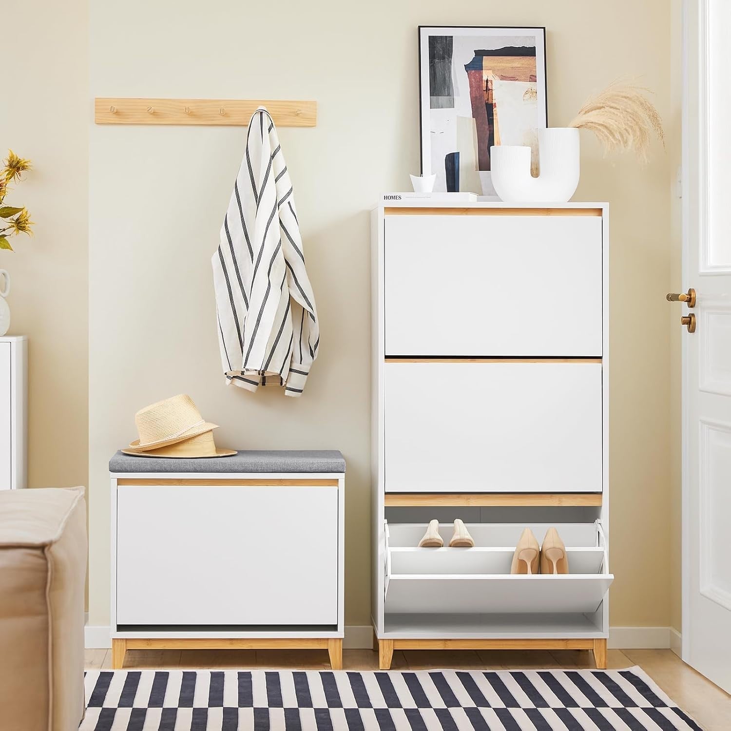 White Slim Shoe Cabinet with 3 Flip Drawers Narrow Hallway Storage 60x34x122cm