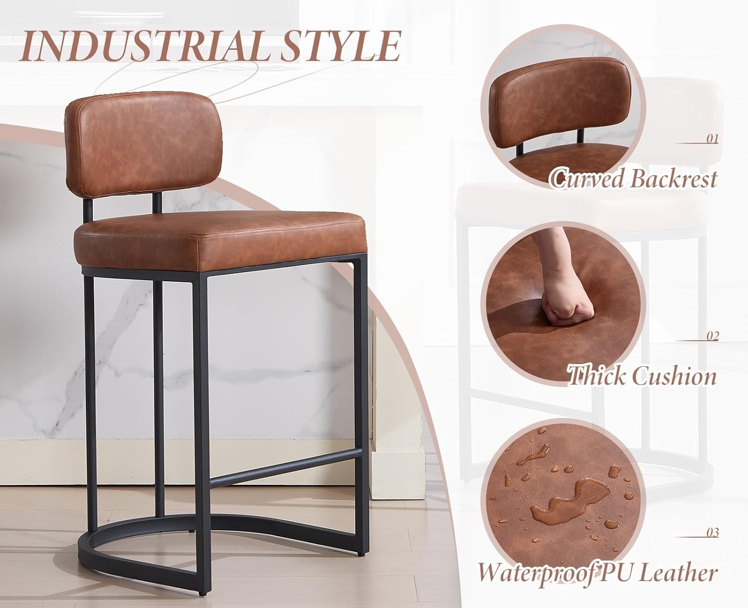 PU Leather Bar Stools Set of 2 Brown Modern Counter Height Chairs