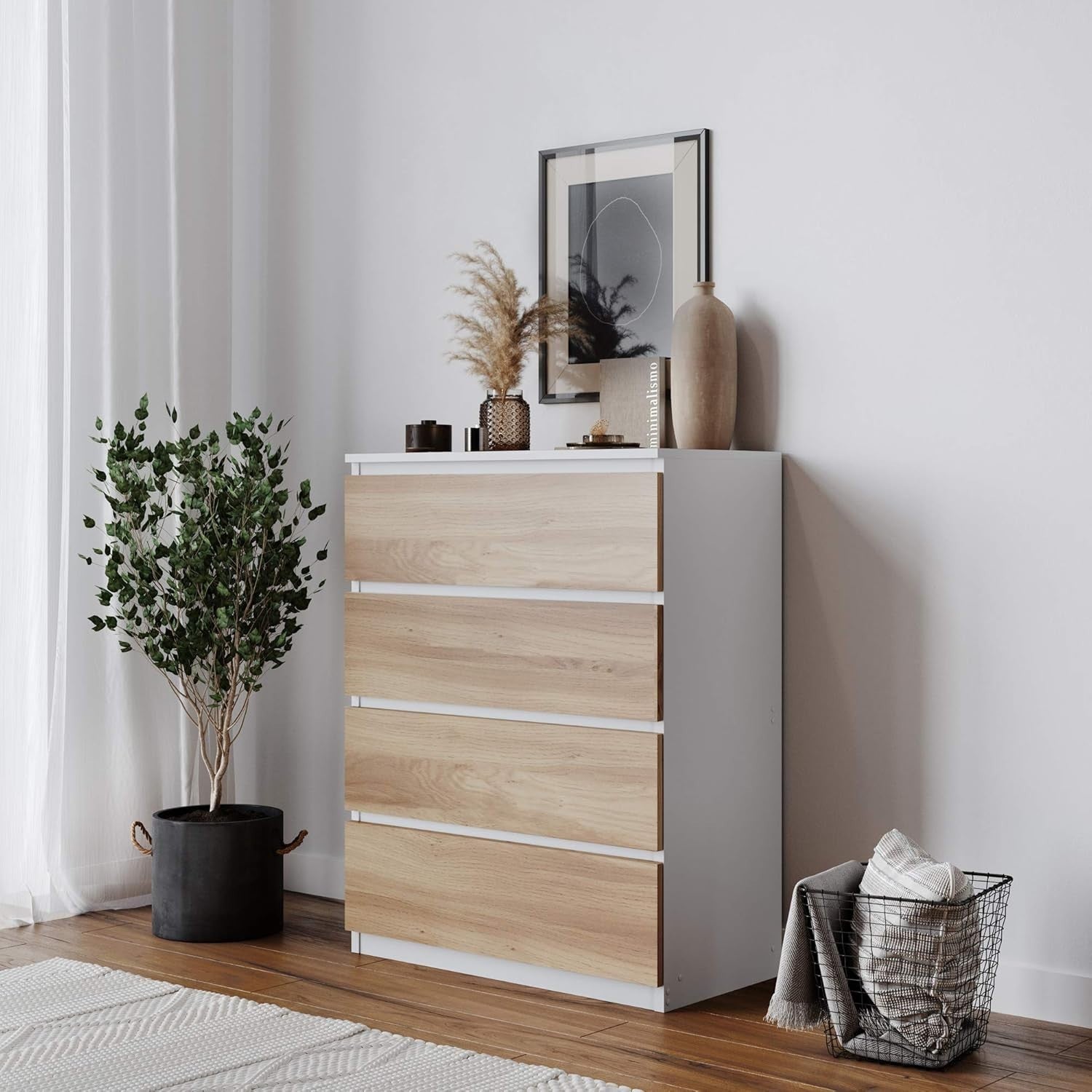 Modern 4 Drawer Bedroom Chest Oak Drawers White Frame Storage Cabinet