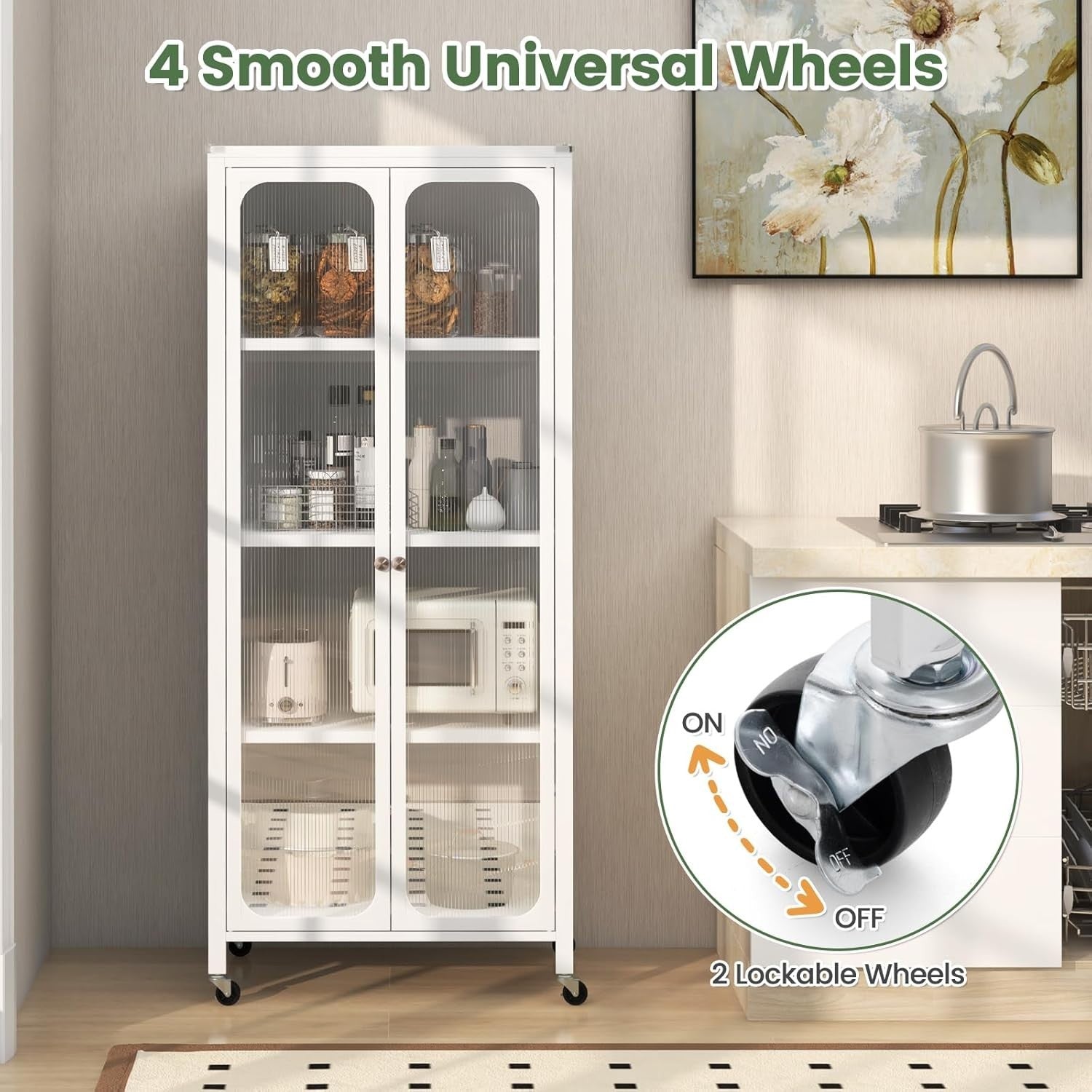 147cm White Mobile Storage Cabinet | Adjustable Shelves & Casters