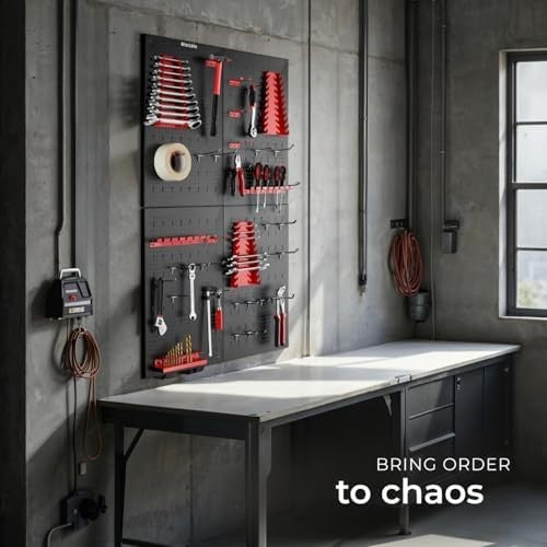 Wall-Mount Pegboard Kit 4PCS Alloy Steel Red w/ Hooks & Holders 120x60cm