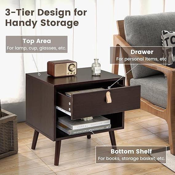 Mid-Century Bedside Table with Drawer & Shelf, Solid Wood Legs, Small Space