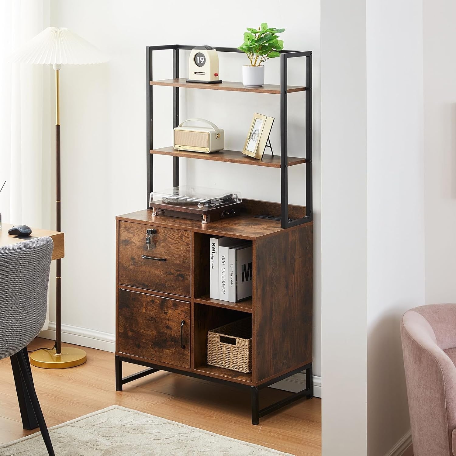 Lockable Filing Cabinet with Charging Station Printer Stand Office Brown