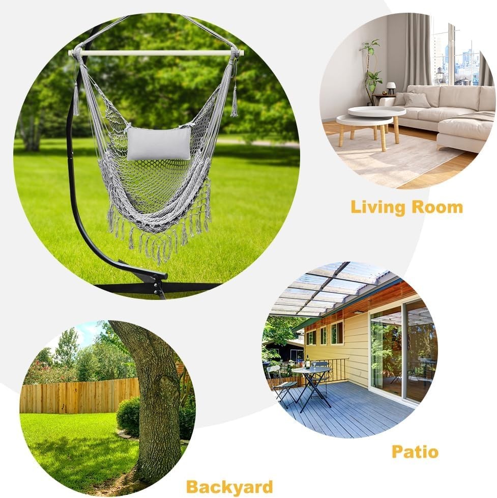 Grey Hammock Chair with Breathable Cotton Mesh – Indoor Outdoor Swing Seat