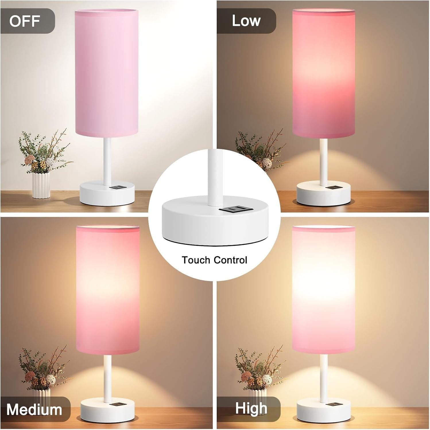 Touch Bedside Table Lamp Pink USB Charging Night Light E27 Modern