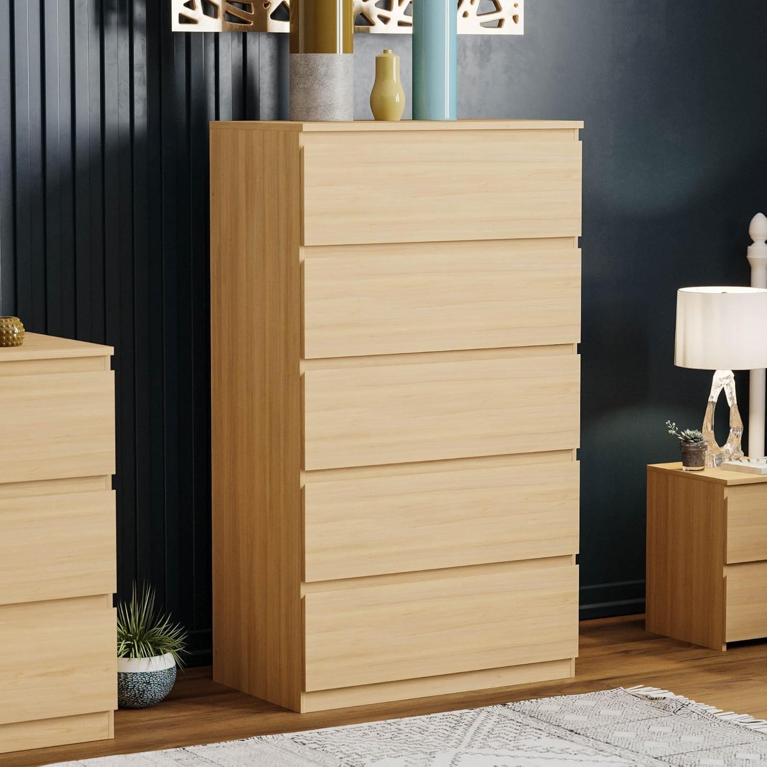 5 Drawer Chest of Drawers Tall Storage Unit Pine Wood Bedroom Cabinet