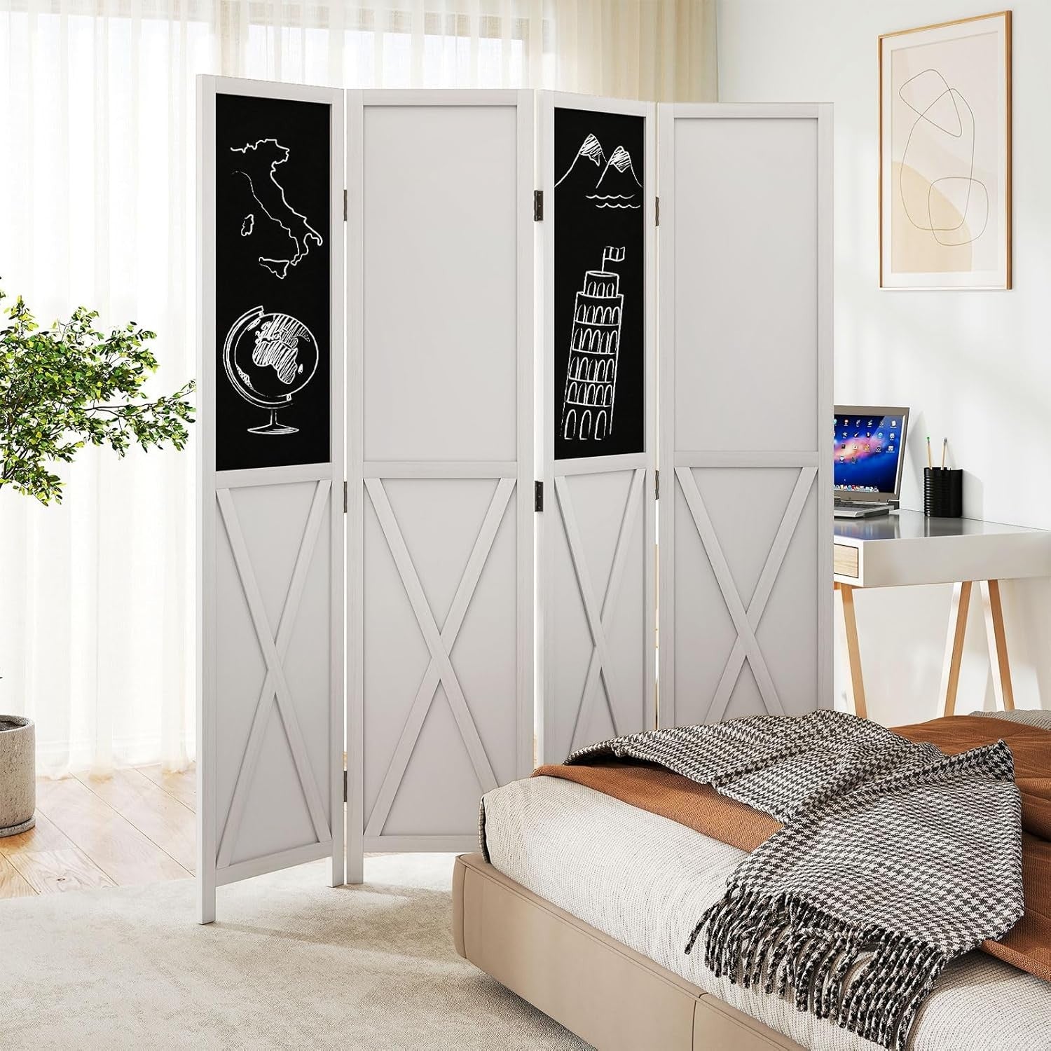 4 Panel White Folding Room Divider with Blackboard & Whiteboard 160x170cm