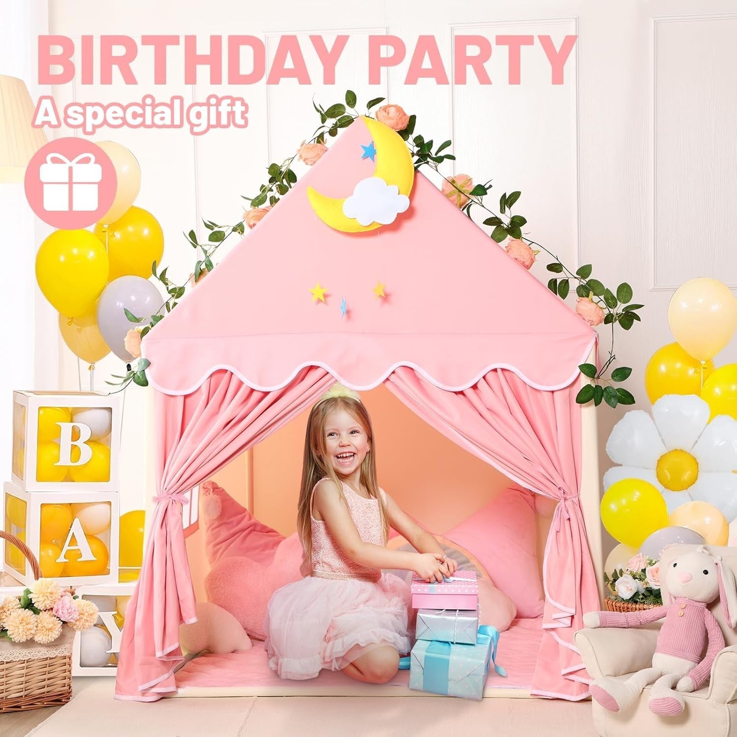 Kids Princess Play Tent with Lights Indoor Playhouse Pink Yellow