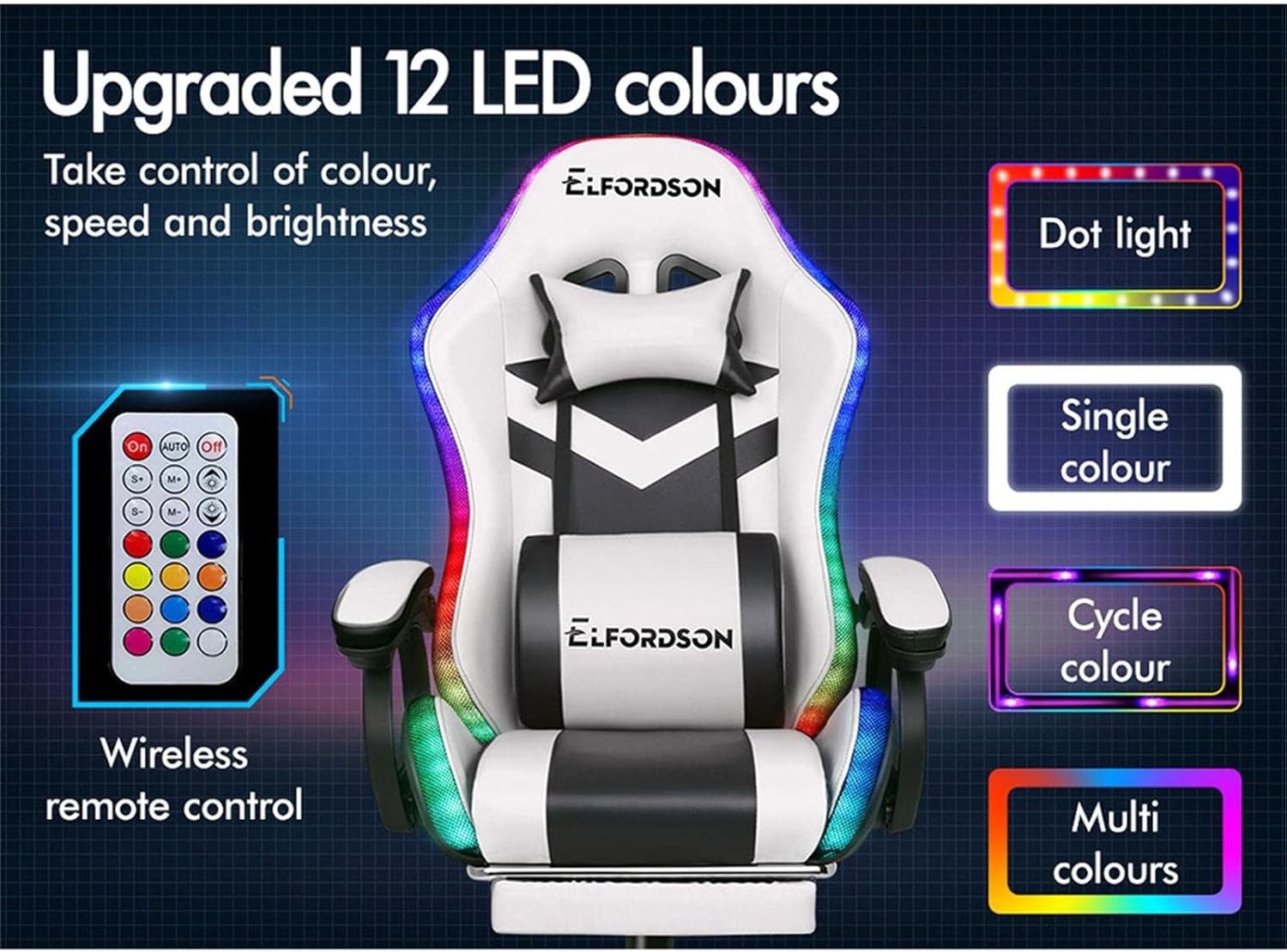 RGB LED Massage Gaming Chair Recliner w Footrest 150° High Back