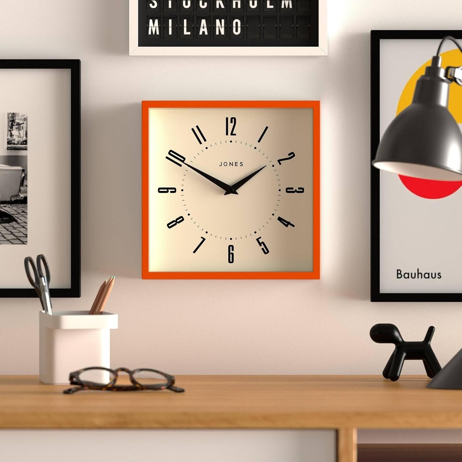 25cm Orange Square Wall Clock Retro Silent Quartz Easy Read Numbers Kitchen Offi