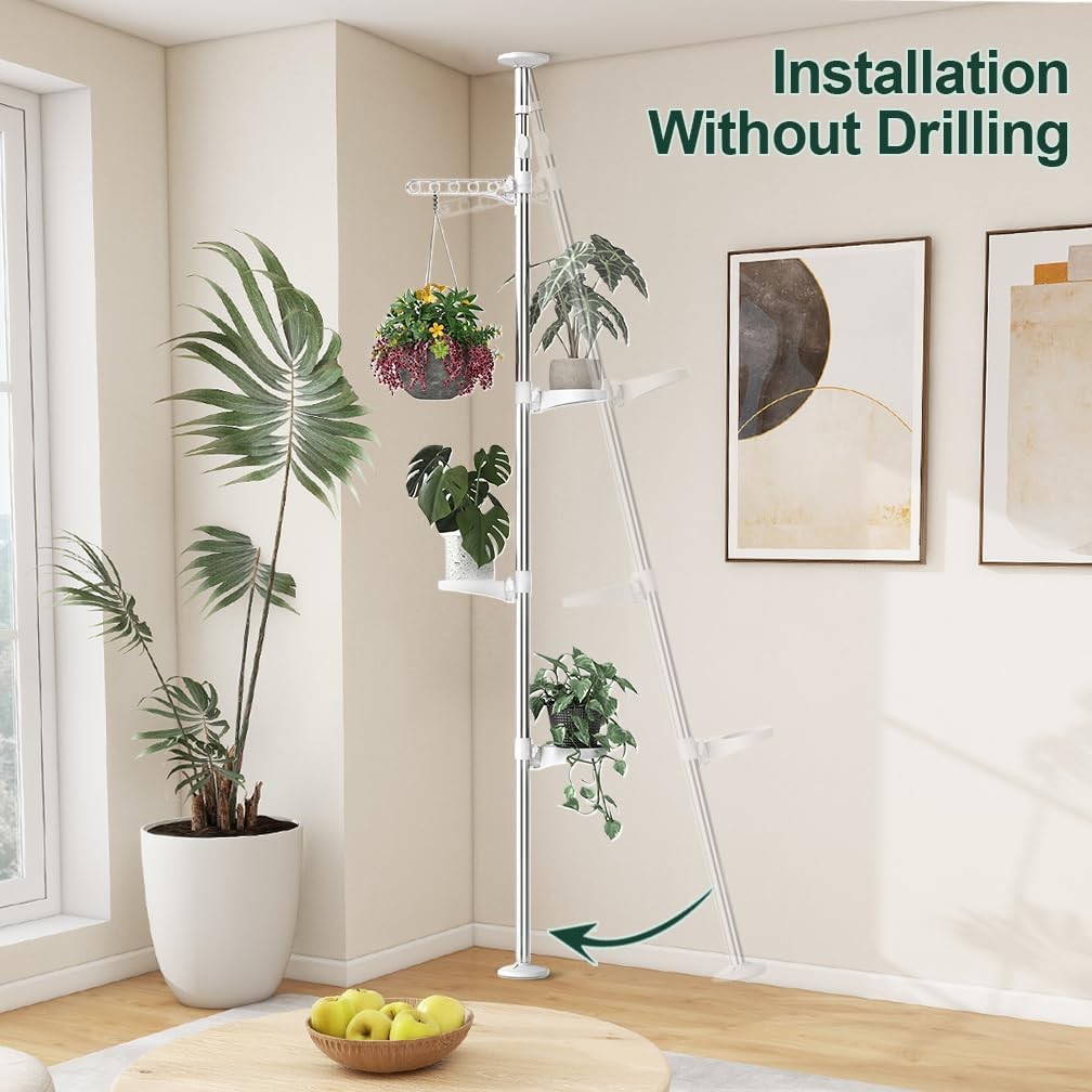 4 Tier Adjustable Tension Pole Plant Stand Indoor Corner Flower Shelf Rack