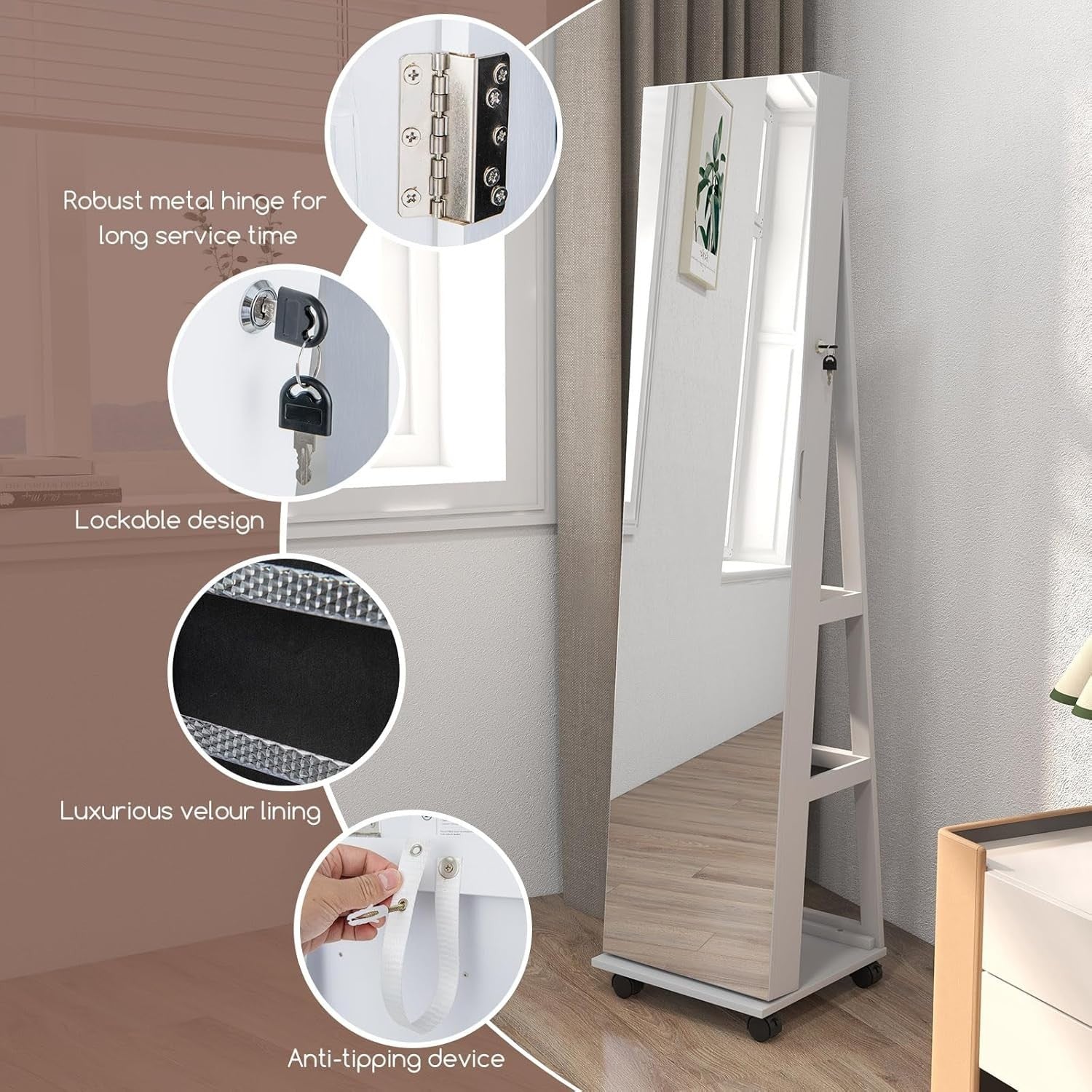 White LED Jewelry Cabinet Mirror Lockable Rolling Storage Organizer