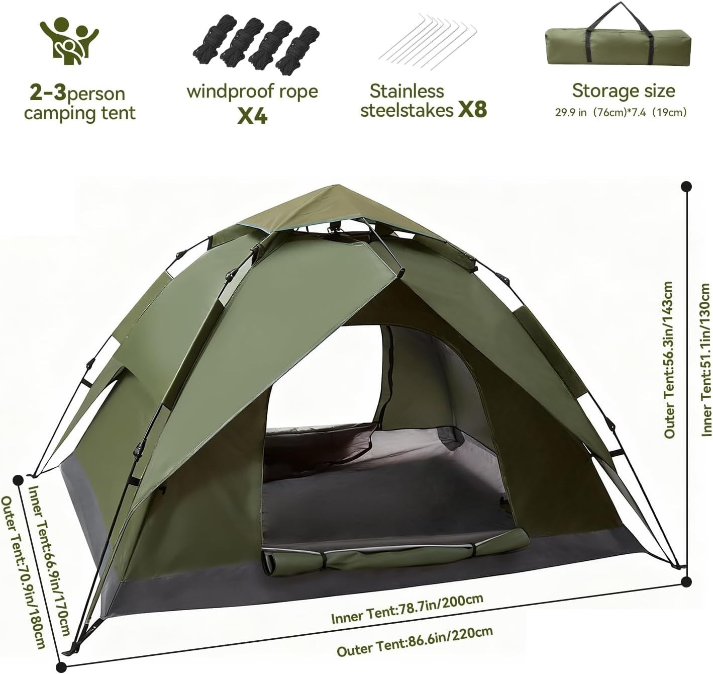 2-3 Man Pop Up Camping Tent Waterproof Double Layer