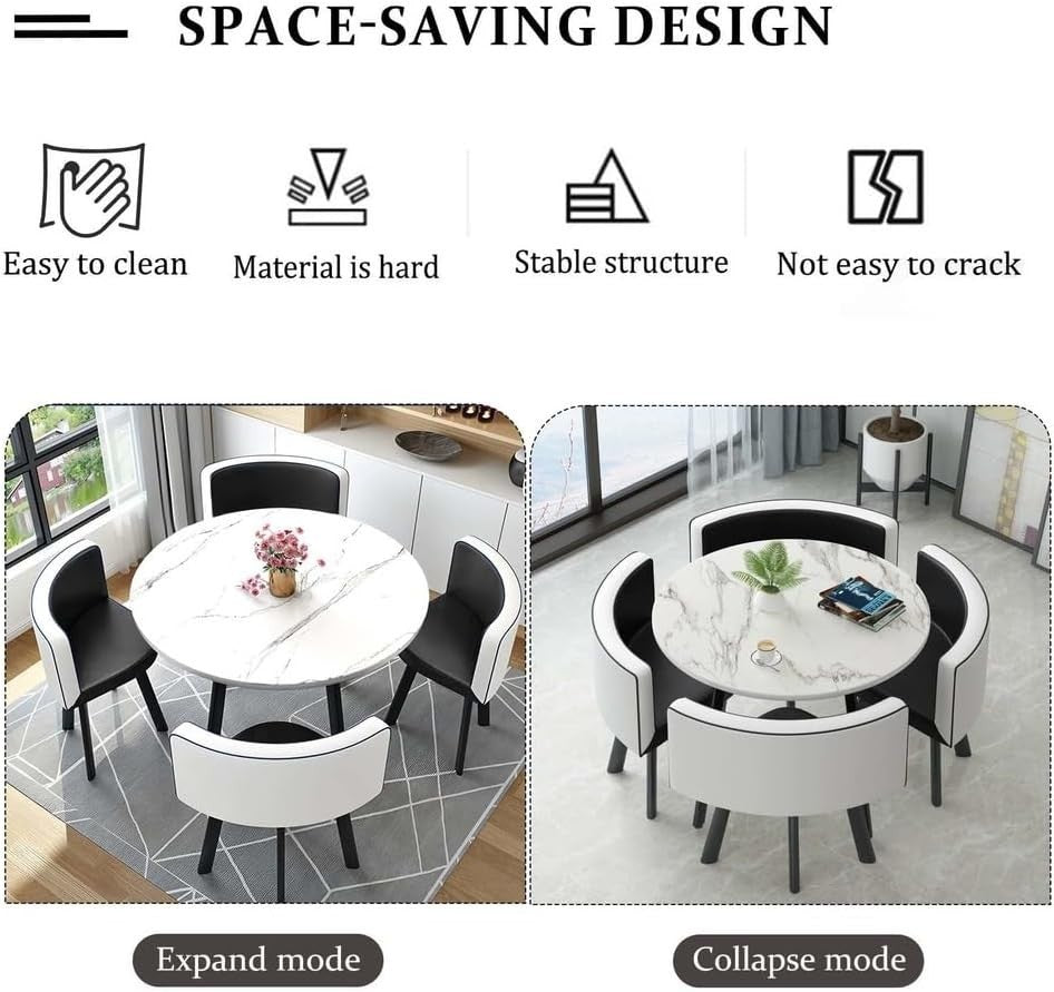 Modern Round Dining Table Set Black 4 Chairs Faux Leather Space Saving Home Set
