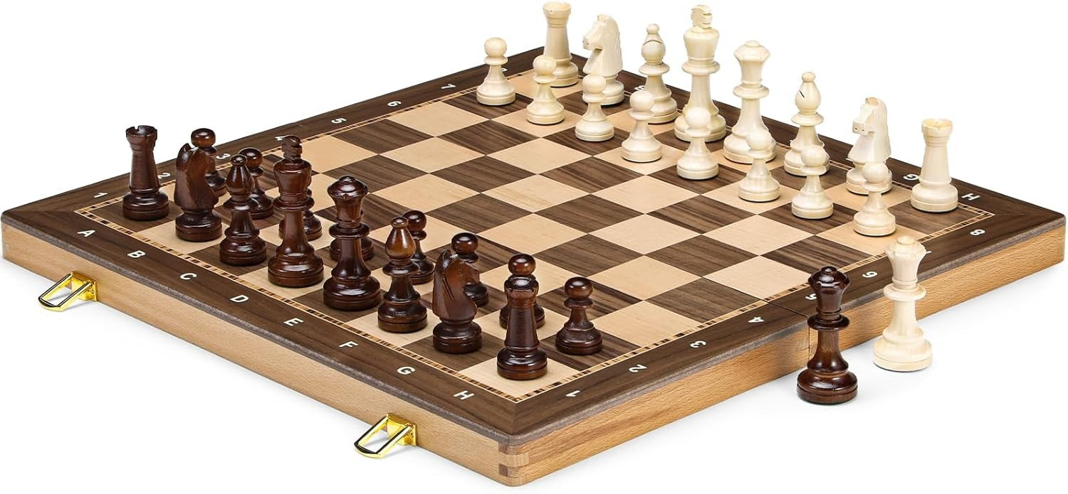 Large 19" Wooden Chess Set Foldable Tournament Board Weighted Pieces Extra Queen