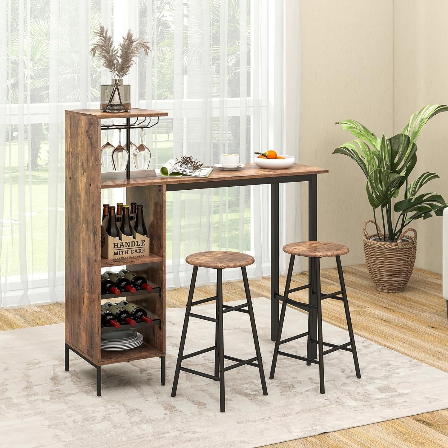 Rustic Brown Bar Table Set with Stools, Storage Shelves, Wine Rack & Foot Pads