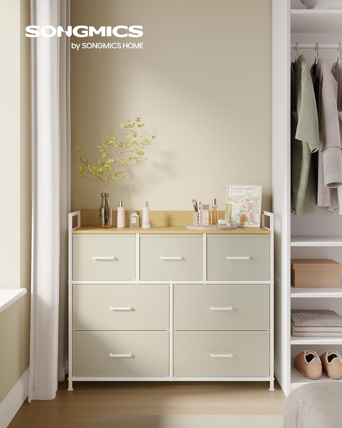 7 Drawer Chest Cream White Oak Fabric Storage Cabinet Bedroom Dresser