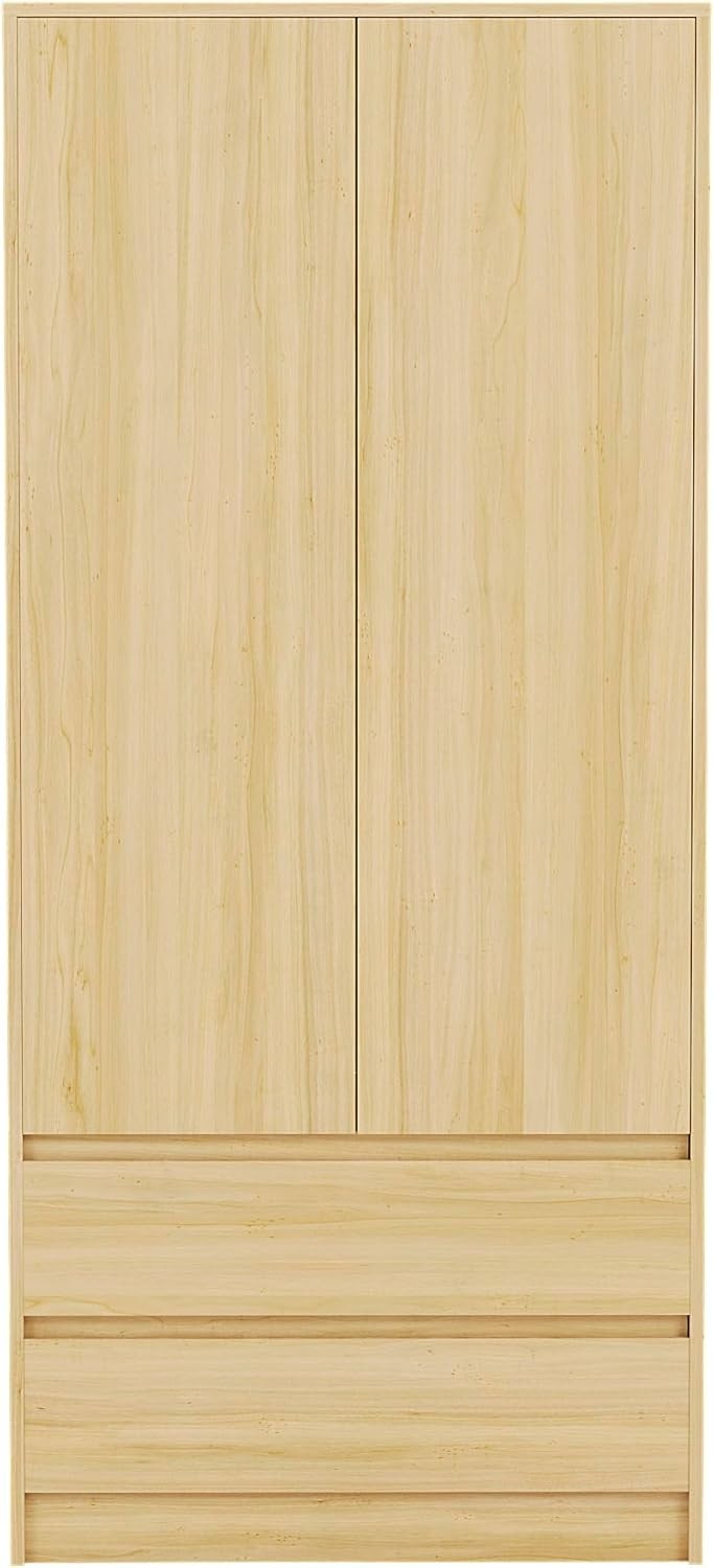 2 Door Wardrobe with 2 Drawers Pine Wood Storage Cabinet Modern Bedroom