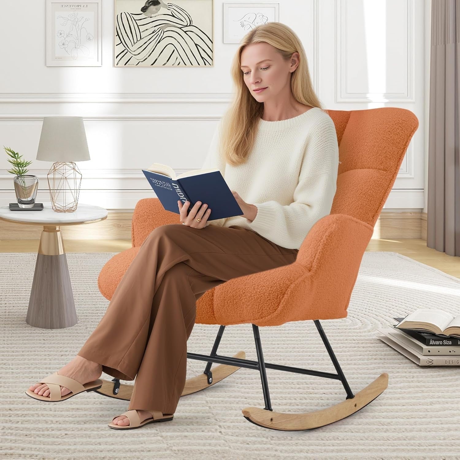 Teddy Fleece Rocking Chair for Adults Nursery Glider Armchair Orange