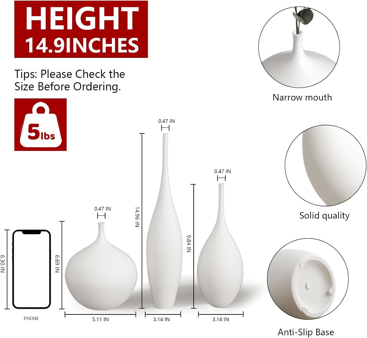 White Ceramic Vase Set of 3 Modern Minimalist Pampas Decor Centerpieces