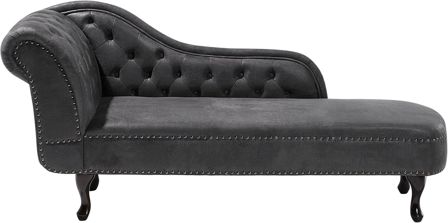 Left Hand Chesterfield Chaise Lounge Faux Suede Black Sofa 169cm Elegant Tufted