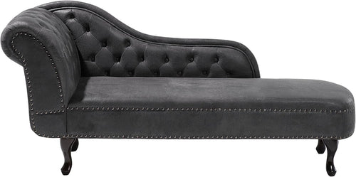 Left Hand Chesterfield Chaise Lounge Faux Suede Black Sofa 169cm Elegant Tufted