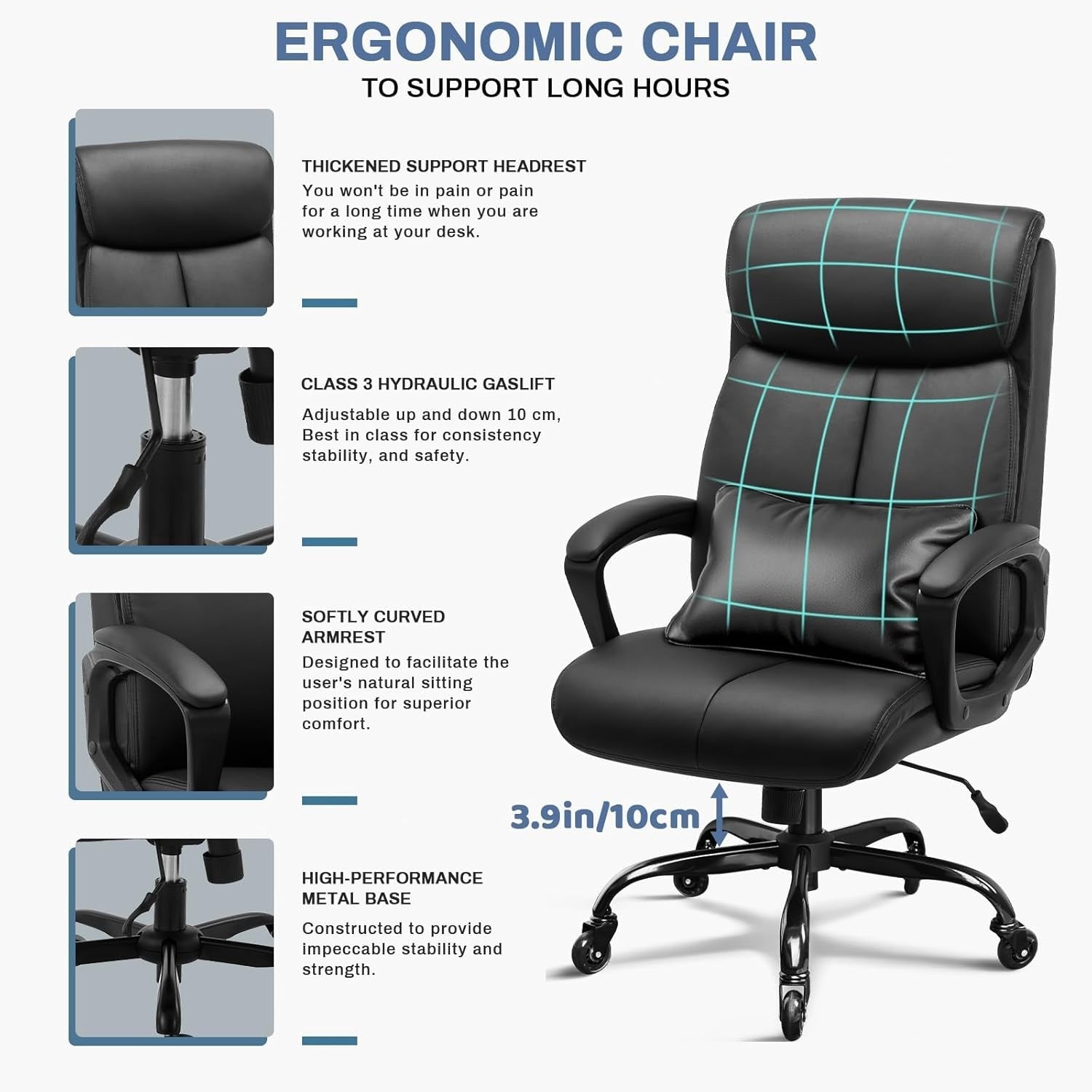 Ergonomic Office Chair Swivel Desk Chair Adjustable Lumbar Pillow PU Leather