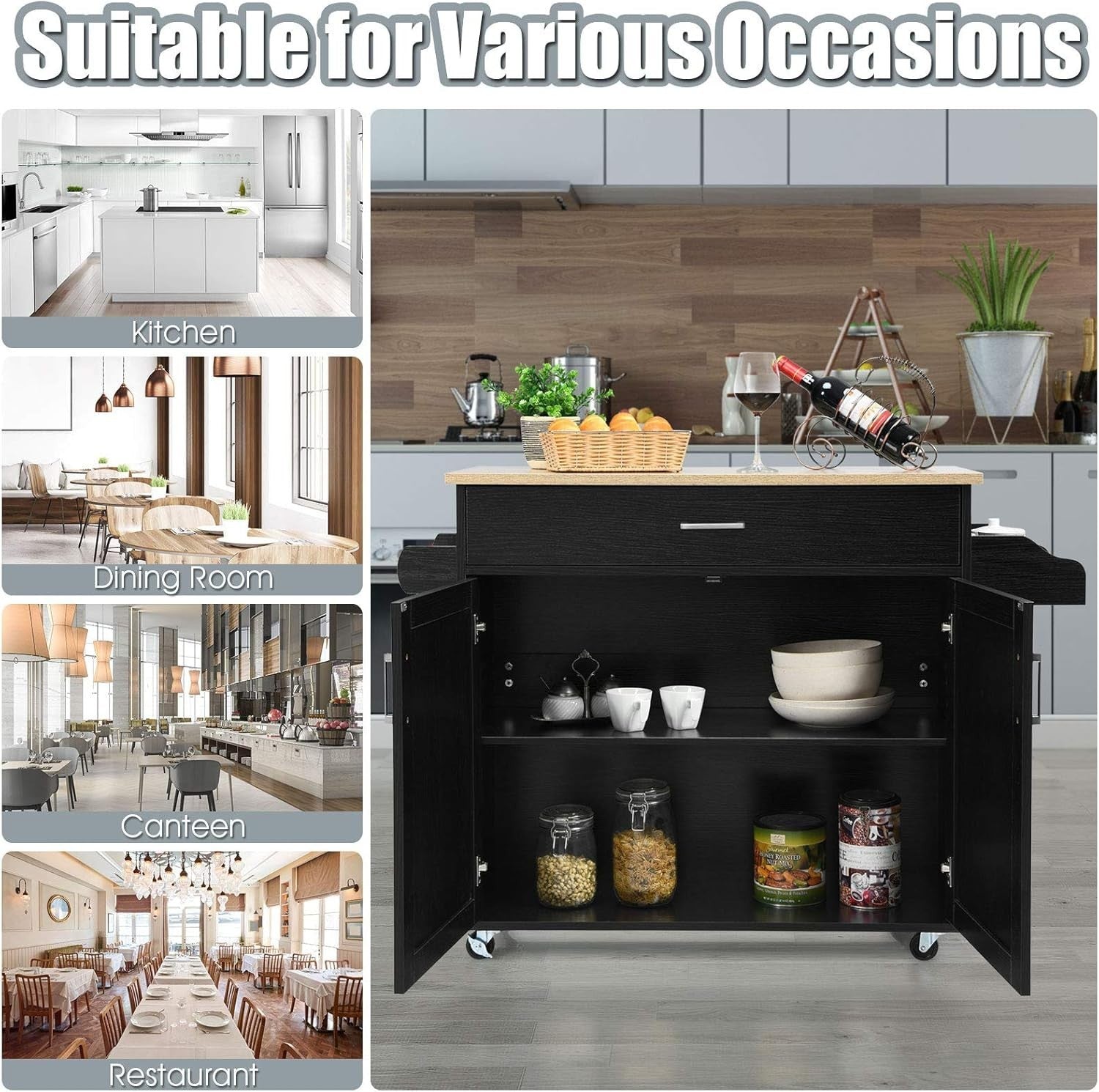 Large Kitchen Island Trolley Drawer Cabinet 116cm Black