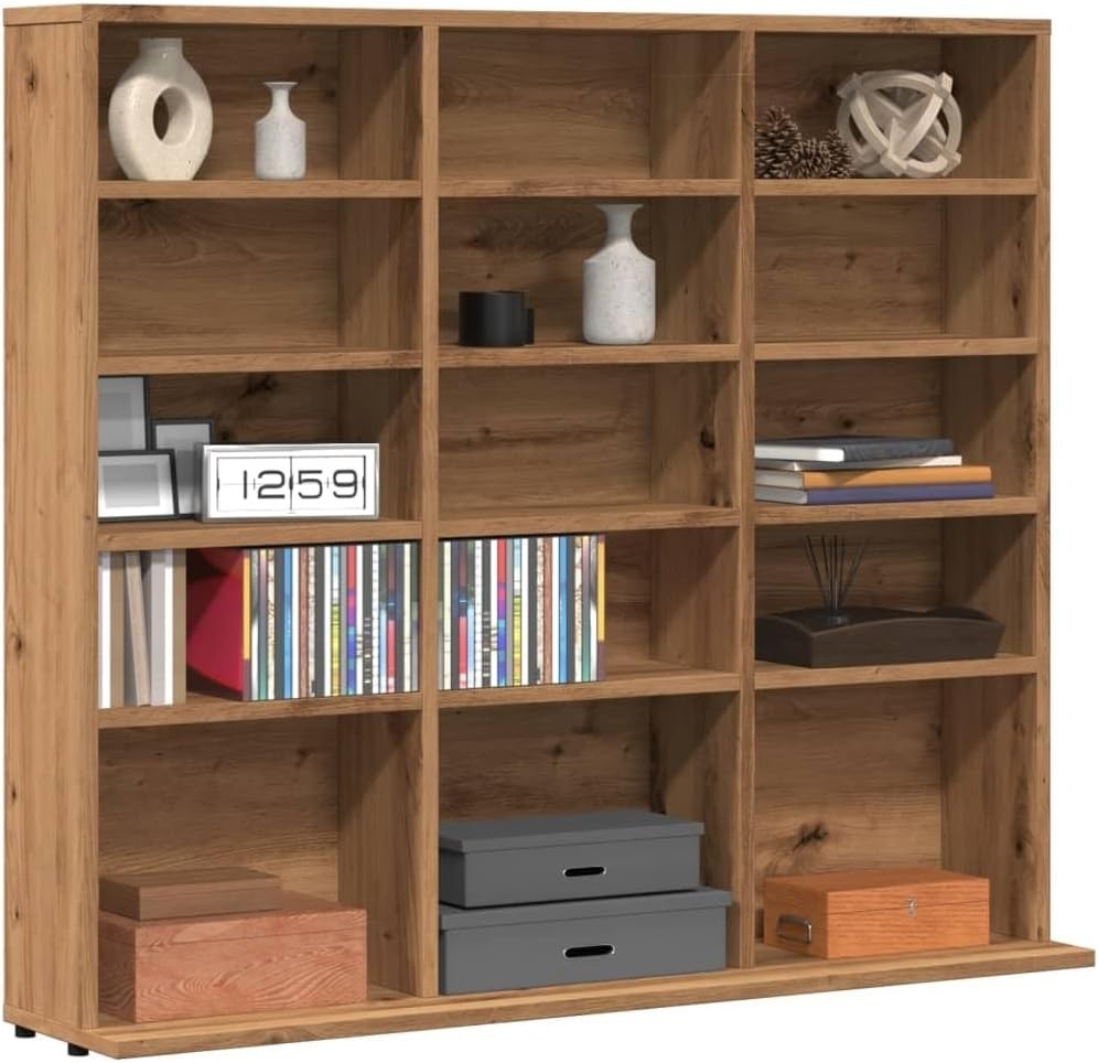 Artisan Oak CD DVD Storage Cabinet 15 Compartment Media Bookcase Shelf