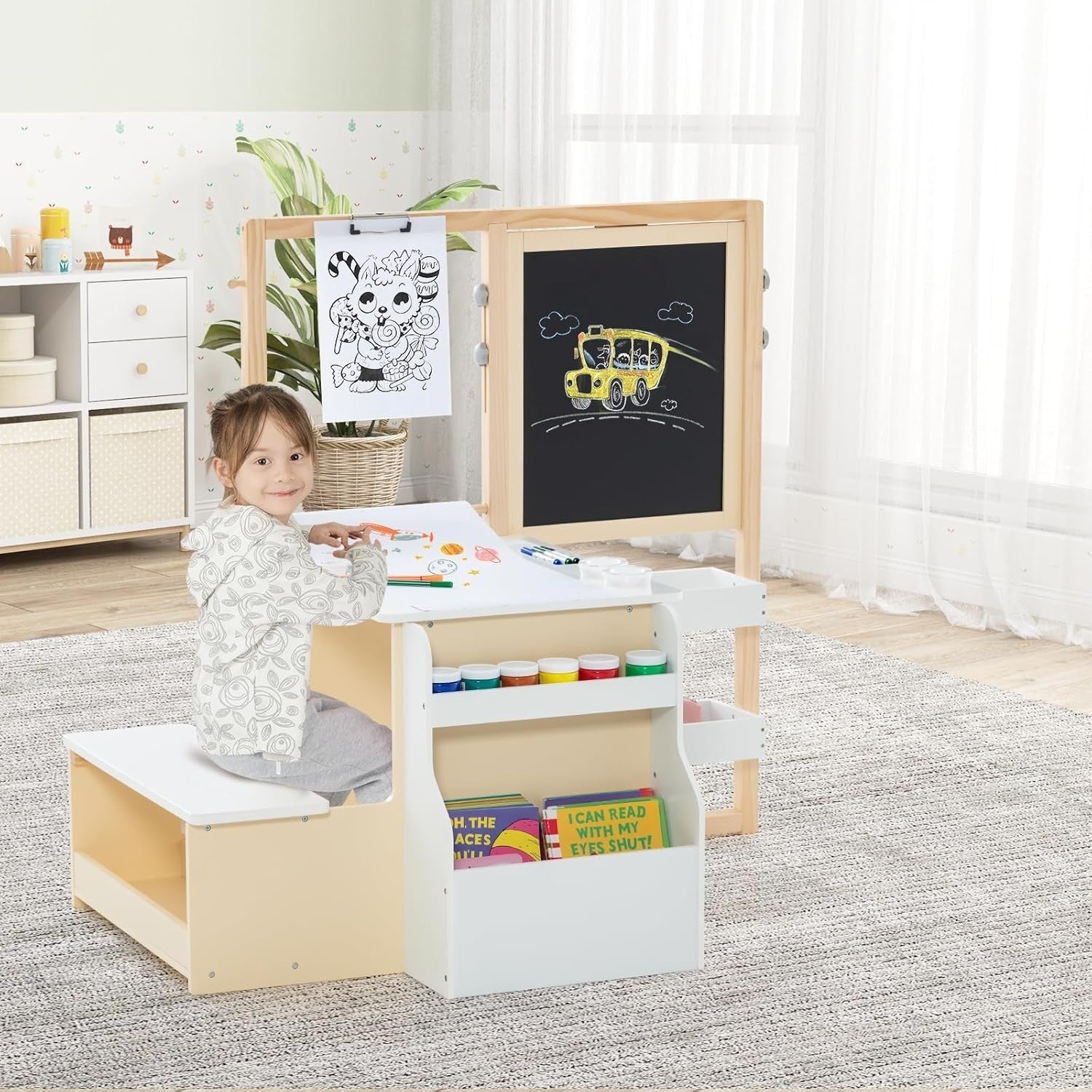 Kids 3 in 1 Art Table and Bench Set with Easel Bookshelf White Natural