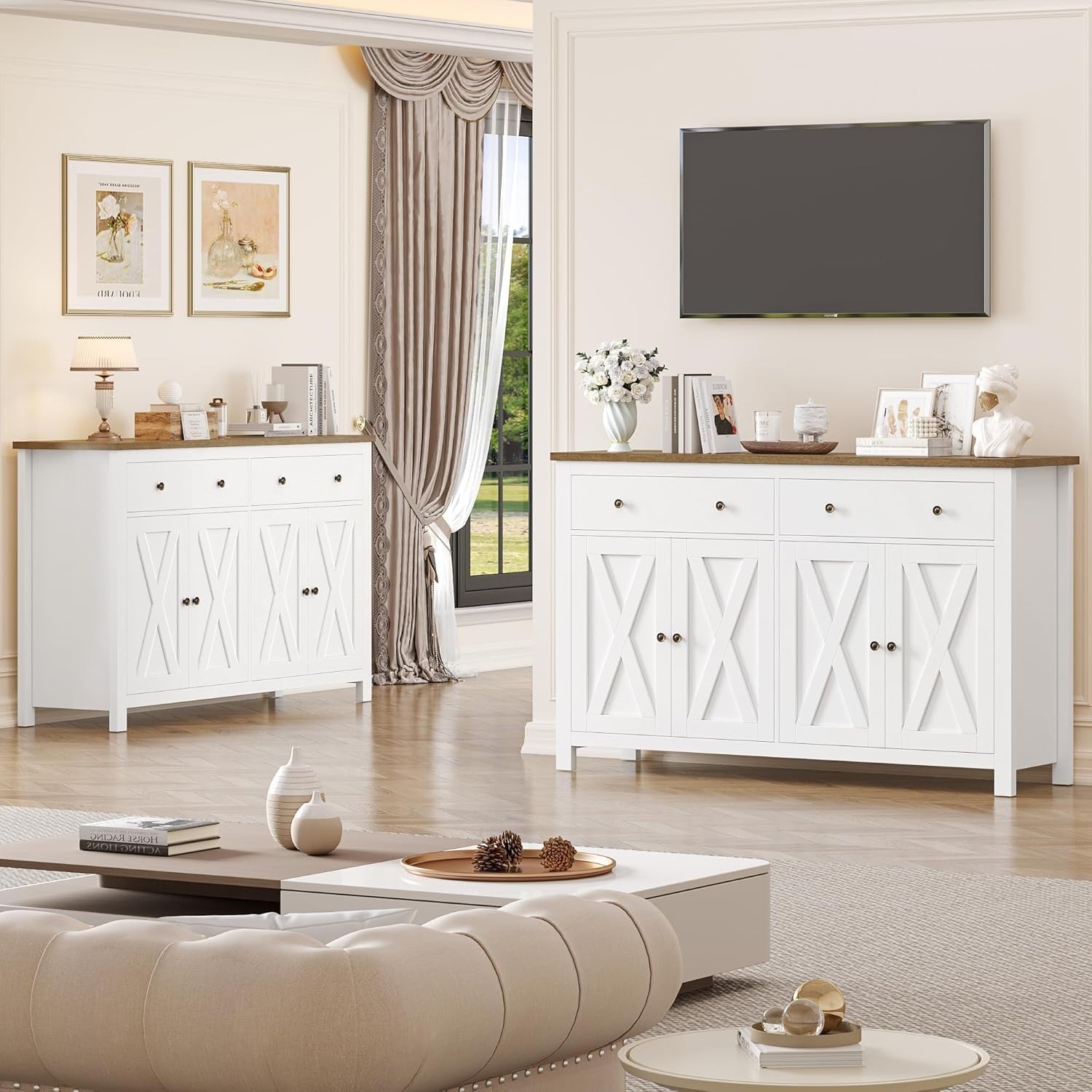 White Kitchen Sideboard Cabinet 3 Doors 2 Drawers Adjustable Shelves Large
