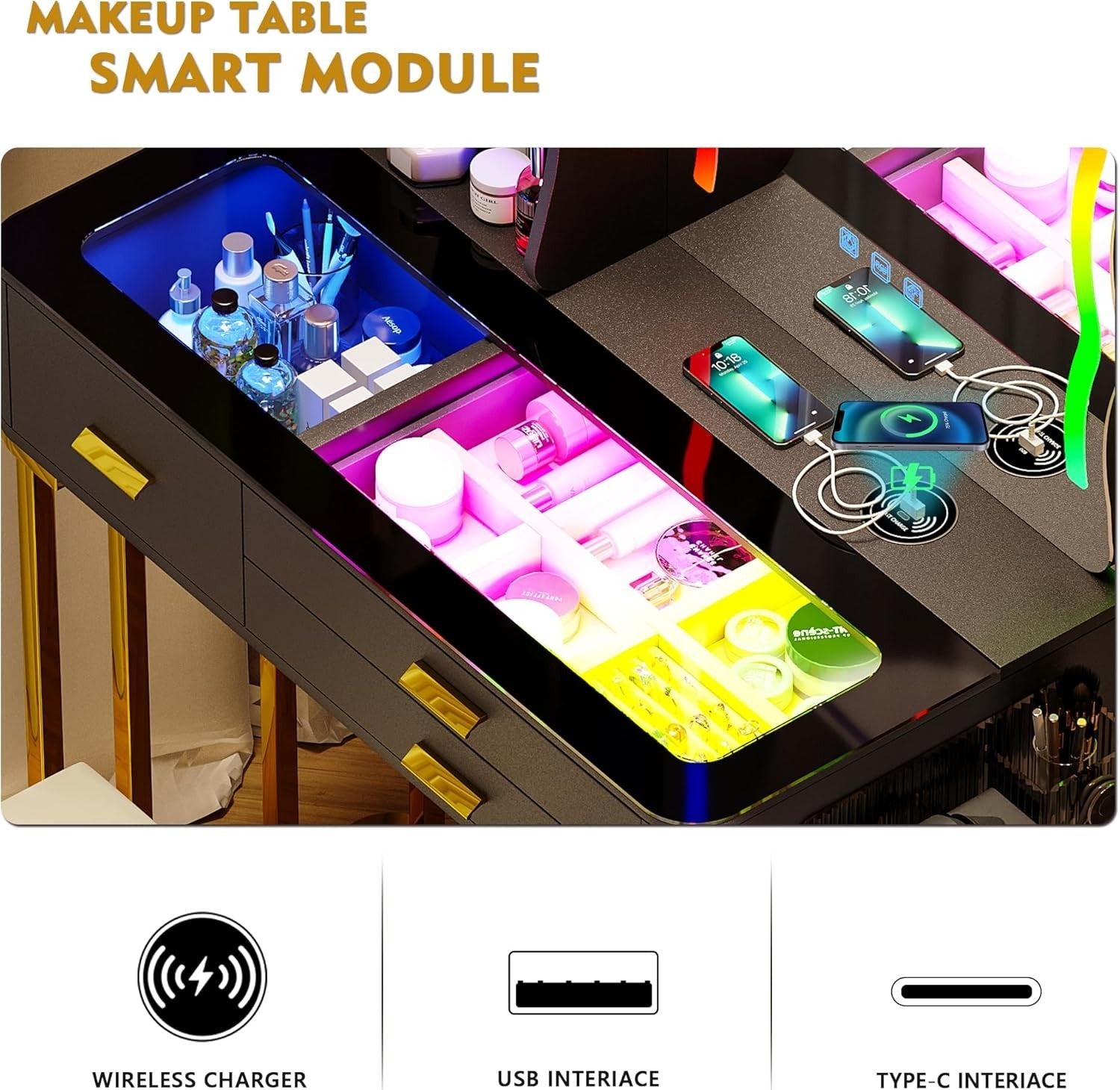 Vanity Dressing Table RGB LED Sensor Light Glass Top 5 Drawers Wireless Charging
