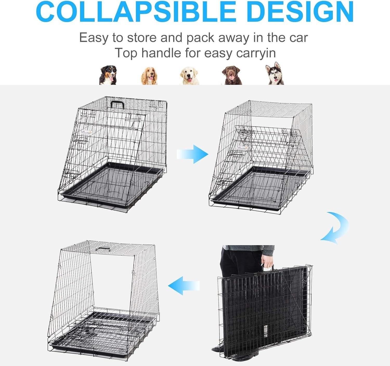 Folding Metal Dog Crate with Tray & Handle – Portable Car Travel Cage