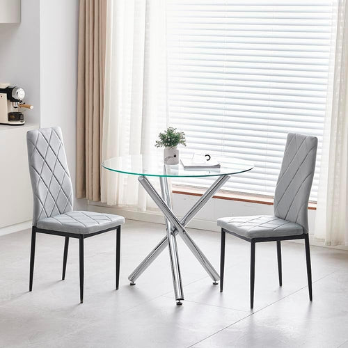 Round Glass Dining Table Set with 4 Grey Velvet Chairs - Compact & Modern