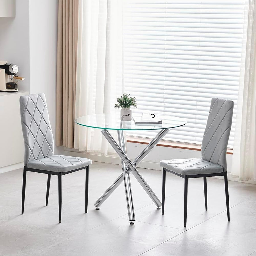 Round Glass Dining Table Set with 4 Grey Velvet Chairs - Compact & Modern