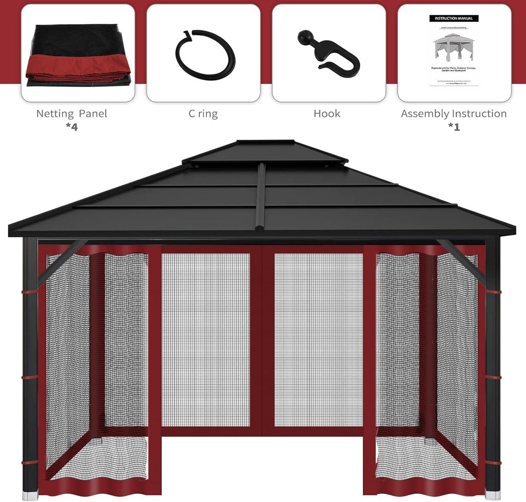 10x10ft Red Gazebo Mosquito Netting 4 Panels Zipper Sidewalls Outdoor