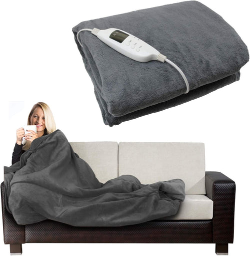 Electric Heated Throw Blanket Grey Fleece Washable Sofa Bed Warm Throw