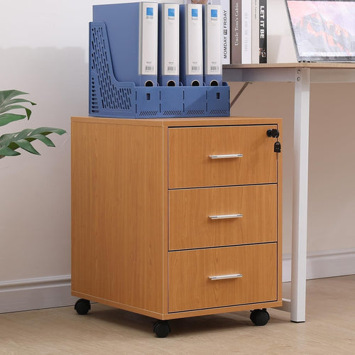 Walnut Mobile Filing Cabinet Lockable 3 Drawer A4 Under Desk Storage