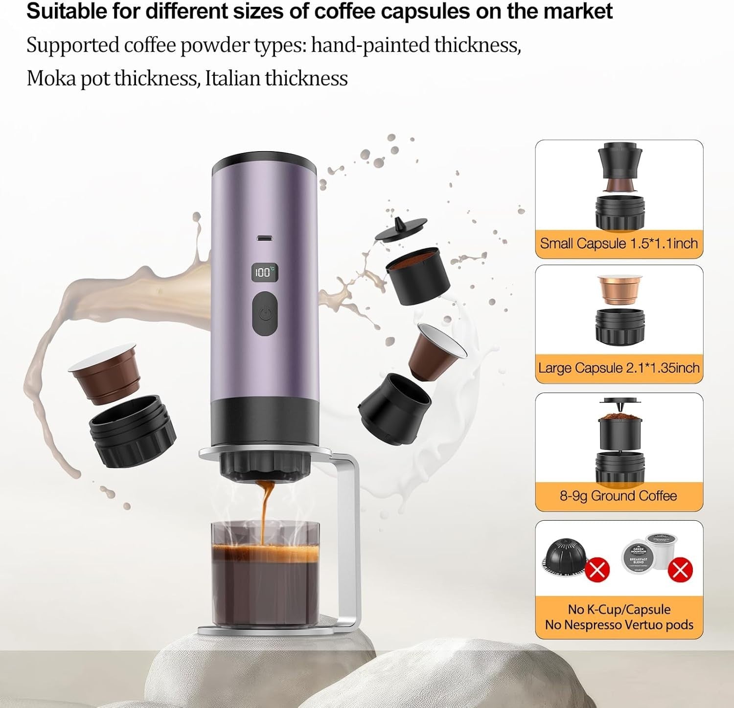 Portable Espresso Maker 3-in-1 Self-Heating Travel Coffee Machine 20Bar Compact