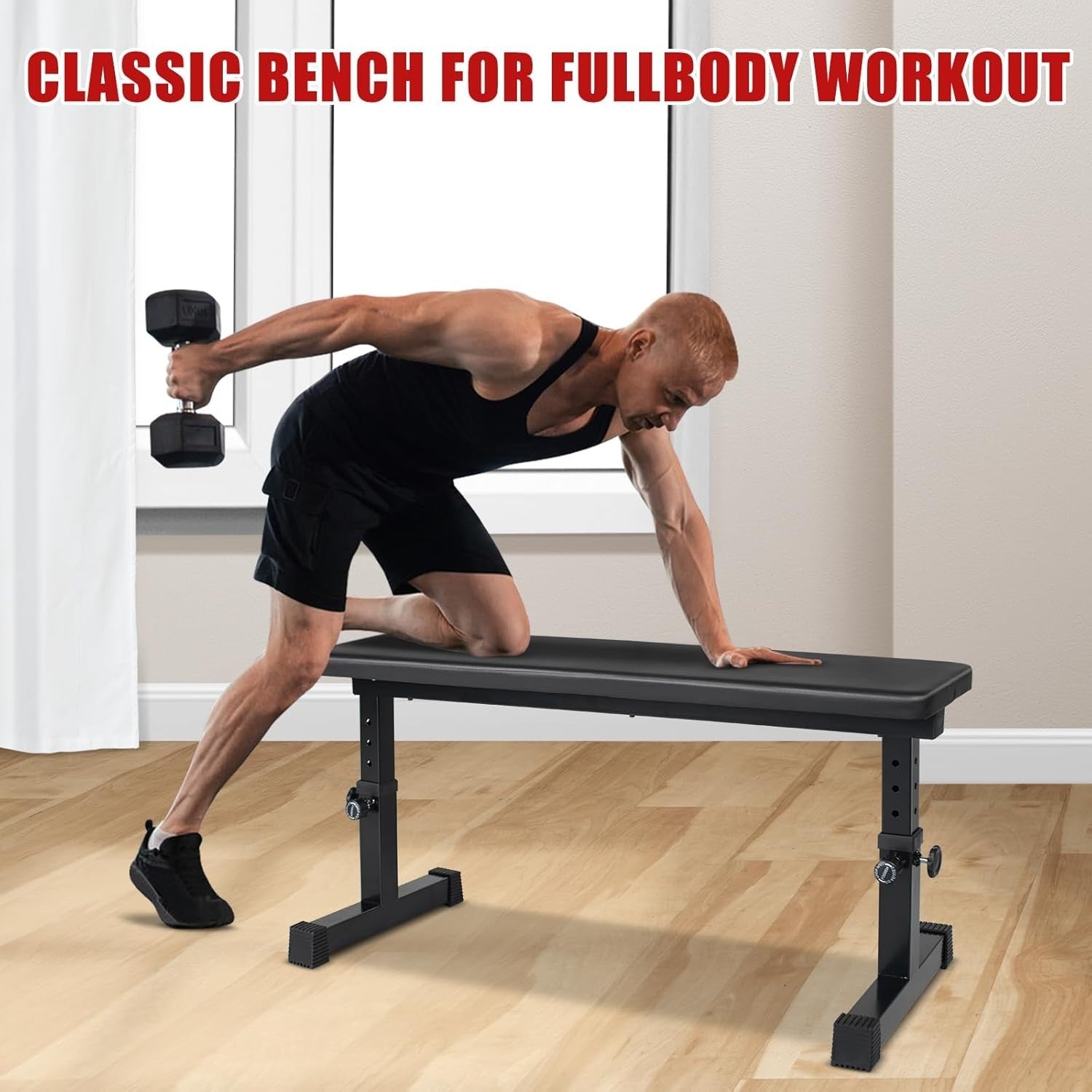 Adjustable Height Flat Weight Bench 440lb Compact Home Gym Trainer