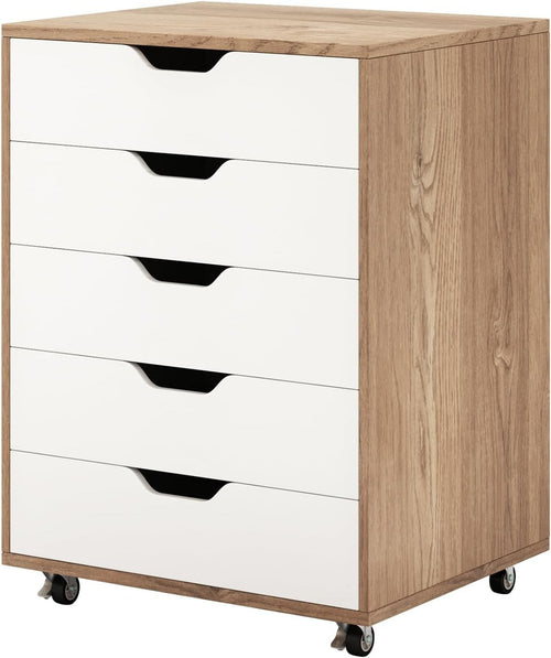 Natural White Mobile Filing Cabinet 5 Drawer Storage Unit Wheels for Home Office