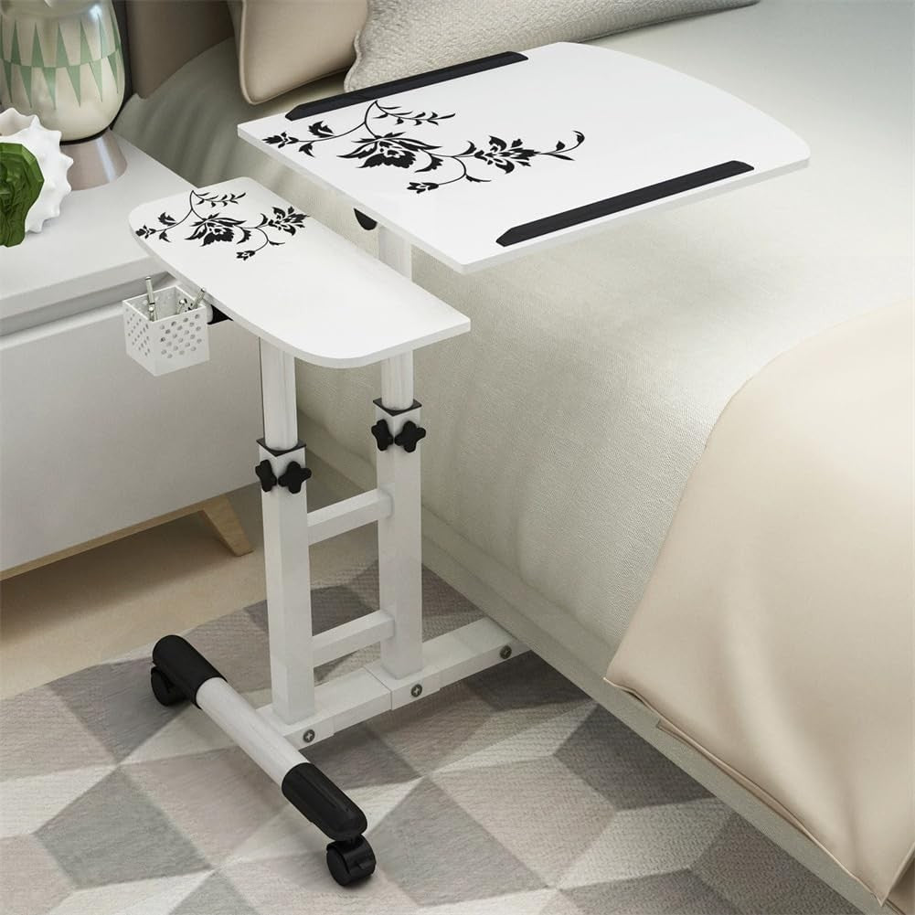 Adjustable Overbed Laptop Table White C Shape Rolling Desk Tilting Top