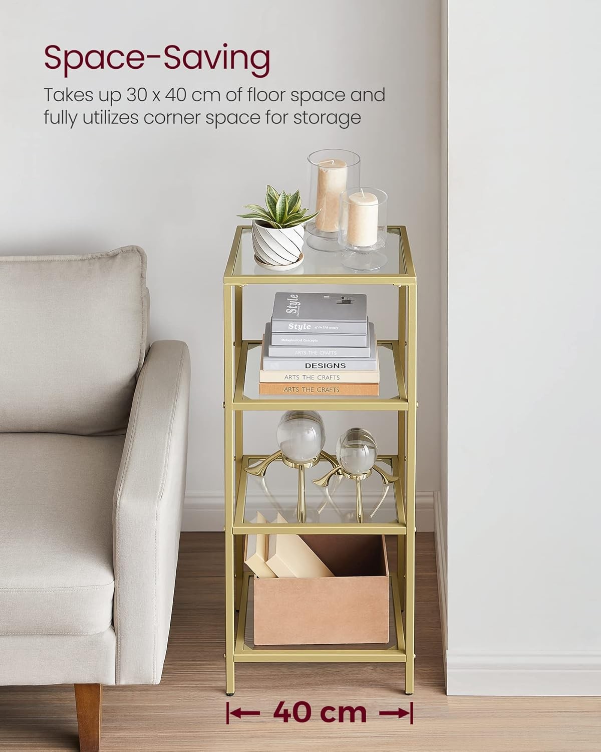 Modern 4-Tier Gold Glass Shelf Unit | Luxury Display Rack Storage for Home Offic