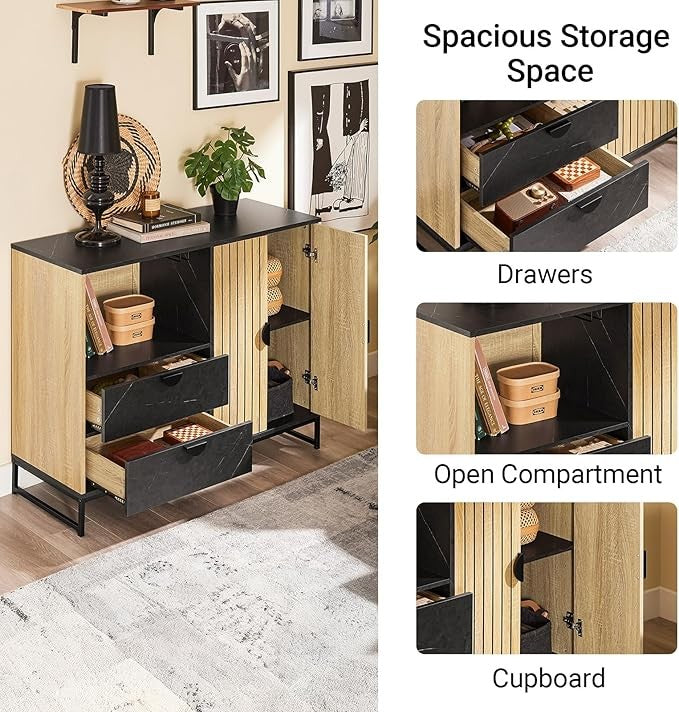 Modern Oak Black Sideboard Cabinet with Wine Rack & Storage 107x40x85cm