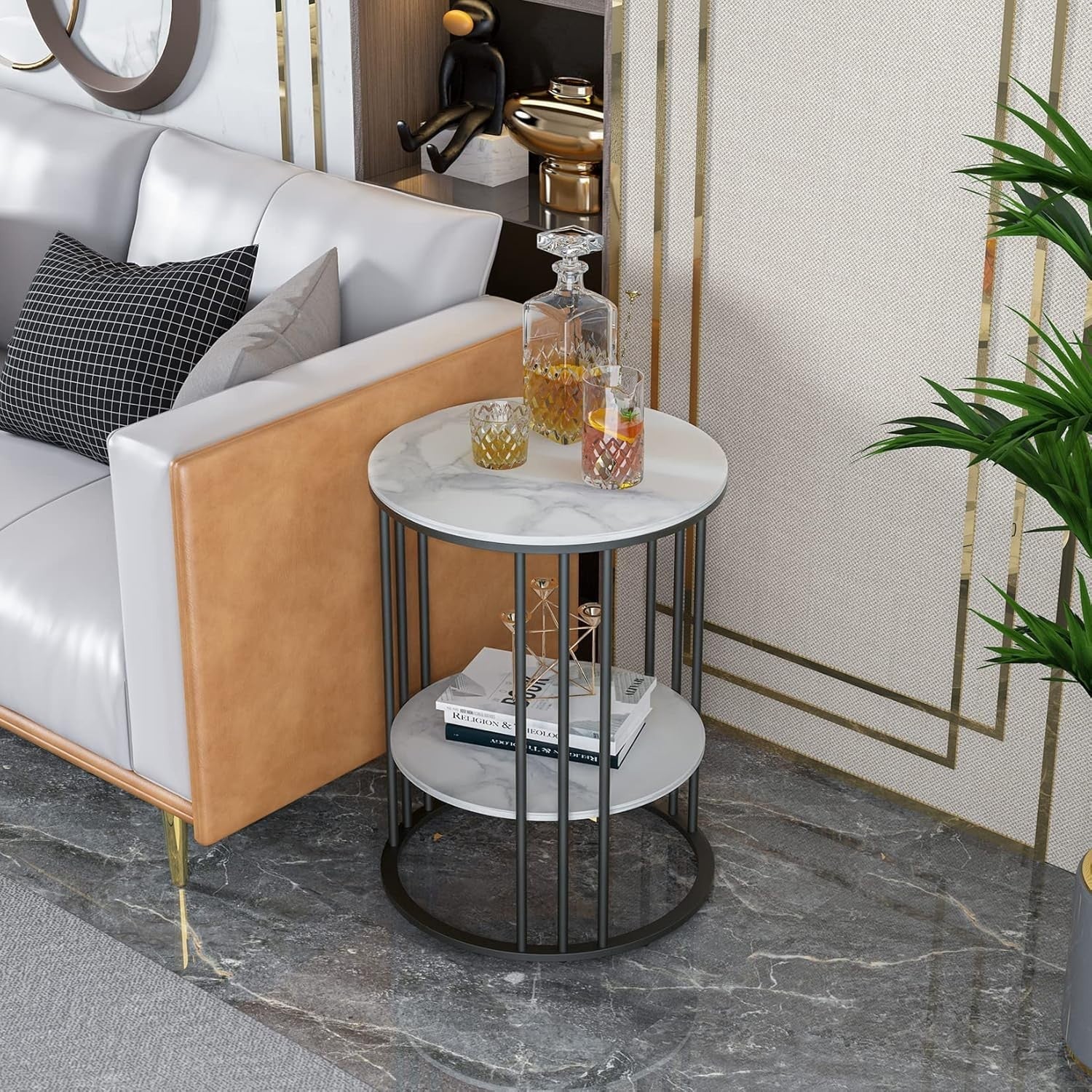 Marble Top Round Side Table 2 Tier Black Metal Legs Small End Table 40x54cm