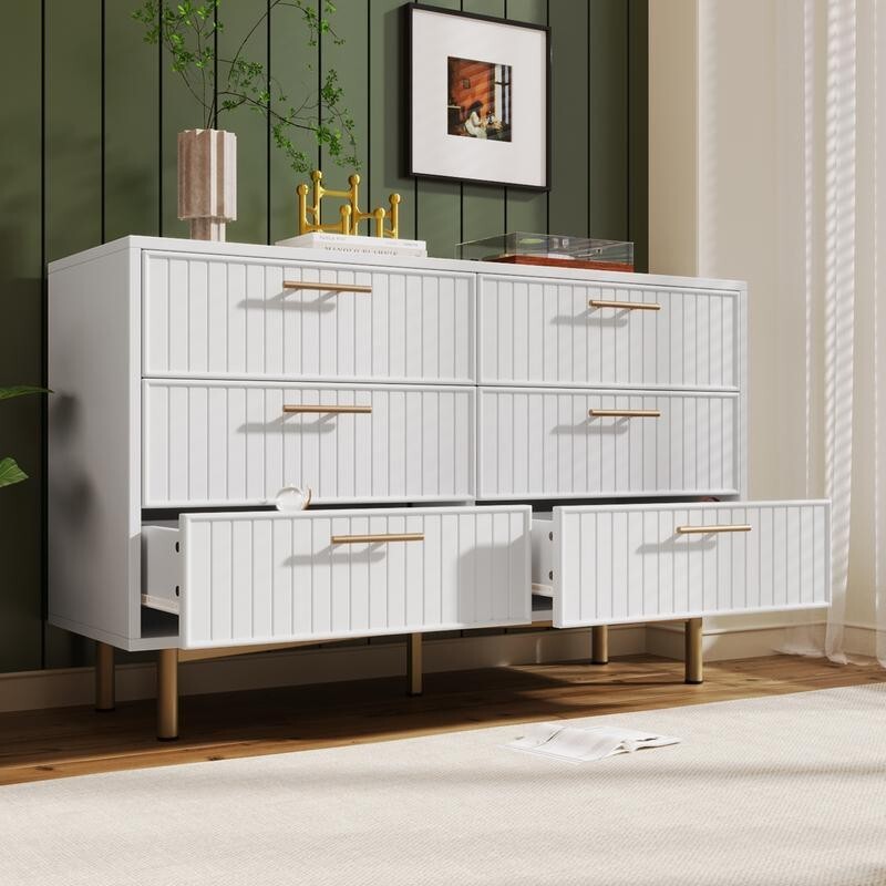 White 6 Drawer Sideboard Chest Gold Handles, Modern Cabinet Storage 120cm
