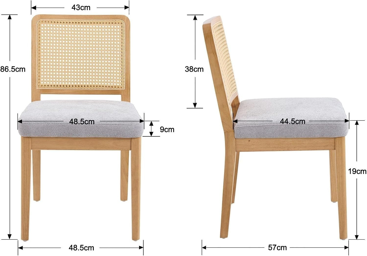 Grey Upholstered Dining Chairs Set of 2 Rattan Back Solid Wood Kitchen Seats